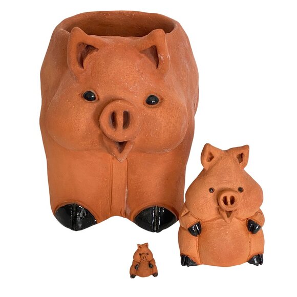 Terracotta Handmade Pig Family Pottery Planter Pot and Figurines Set of 3 - Picture 1 of 12